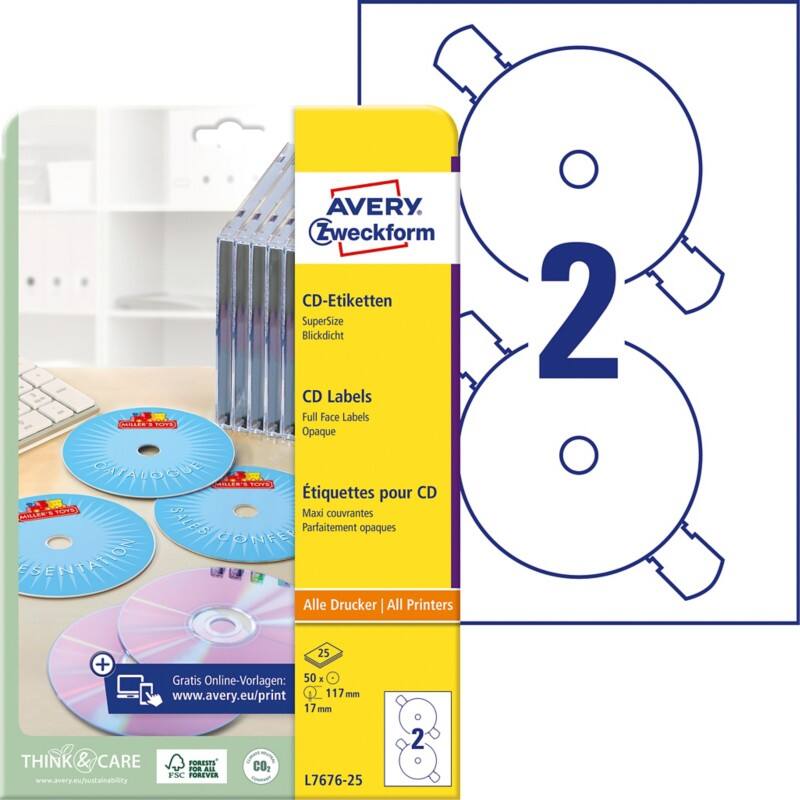 Étiquettes CD/DVD AVERY Zweckform L7676-25 adhésif A4 Blanc 117 mm 25 Feuilles de 2 Étiquettes