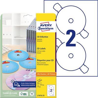 Avery Zweckform L7676-25 CD-Etiketten selbstklebend, Ø 117 mm weiss, matt 25 Blatt mit 2 Etiketten