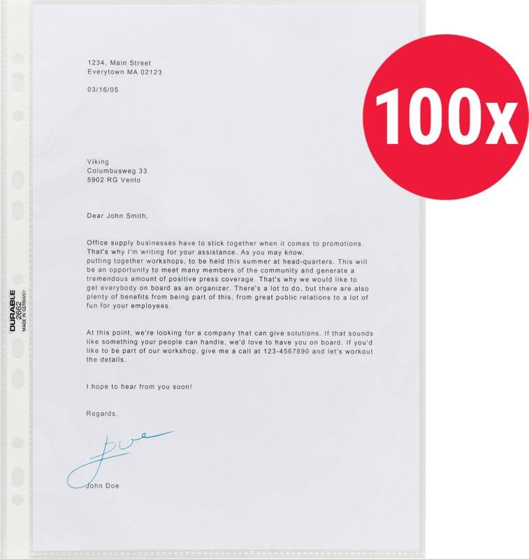 DURABLE Premium Prospekthüllen A4 Glasklar Transparent 60 Mikron PP (Polypropylen) Öffnung oben 11 Löcher 267219 100 Stück