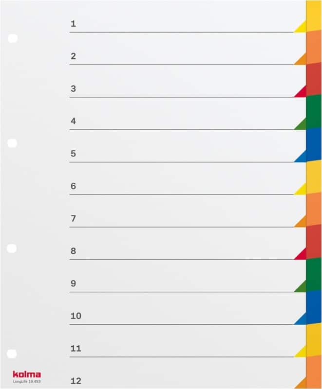 Intercalaires Kolma Longlife Vierge A4 XL portrait Assortiment 12 intercalaires Polypropylène Portrait A4 XL 4 Perforations 19.453.20