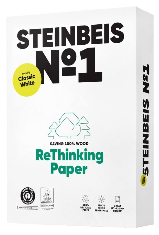 Steinbeis Classic No.1 DIN A3 Druckerpapier 100% Recycelt 80 g/m² Glatt Weiss 500 Blatt