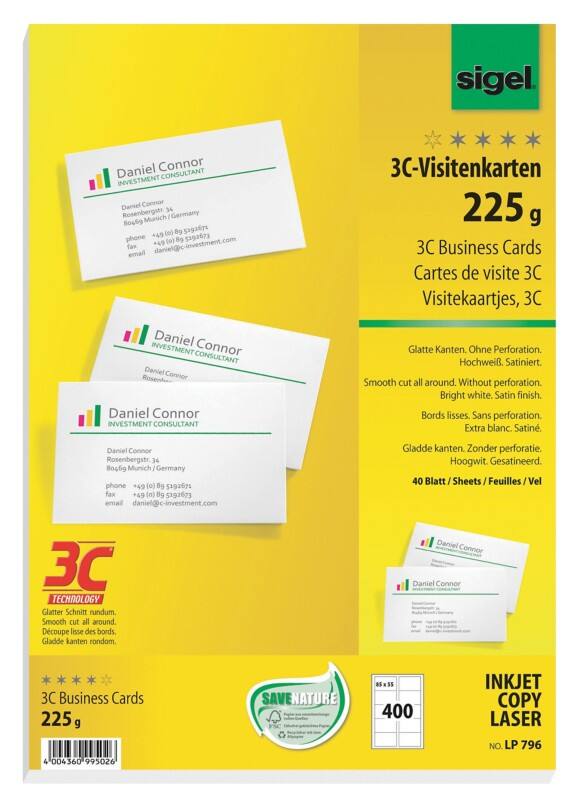 Cartes de visite Sigel 225 g/m² Blanc 40 Feuilles de 10 Unités