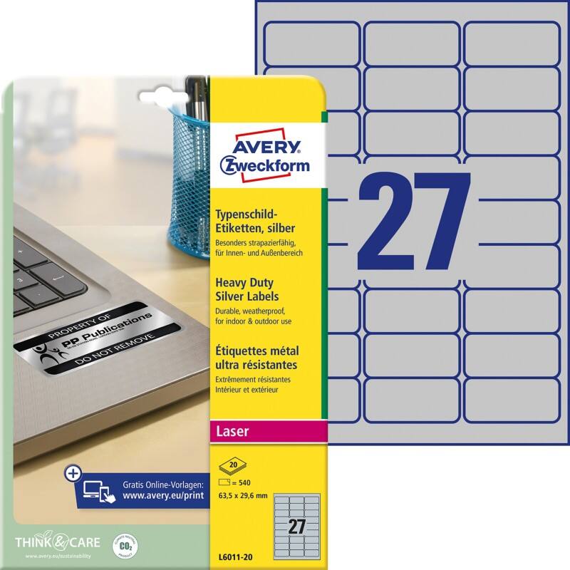 Étiquettes ultra résistantes métalliques AVERY Zweckform L6011-20 63,5 x 29,6 mm Rectangulaire 20 feuilles de 27 étiquettes