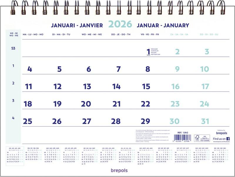 Calendrier mural Brepols Calendrier mensuel 2026 1 Mois par page Néerlandais, Français, Allemand, Anglais 31,5 (L) x 0,6 (P) x 46 (H) cm Blanc