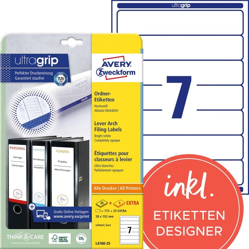 Étiquettes pour dos de classeur Blockout AVERY Zweckform L4760-25 Ultragrip Blanc A4 38 mm 25 Feuilles de 7 Étiquettes