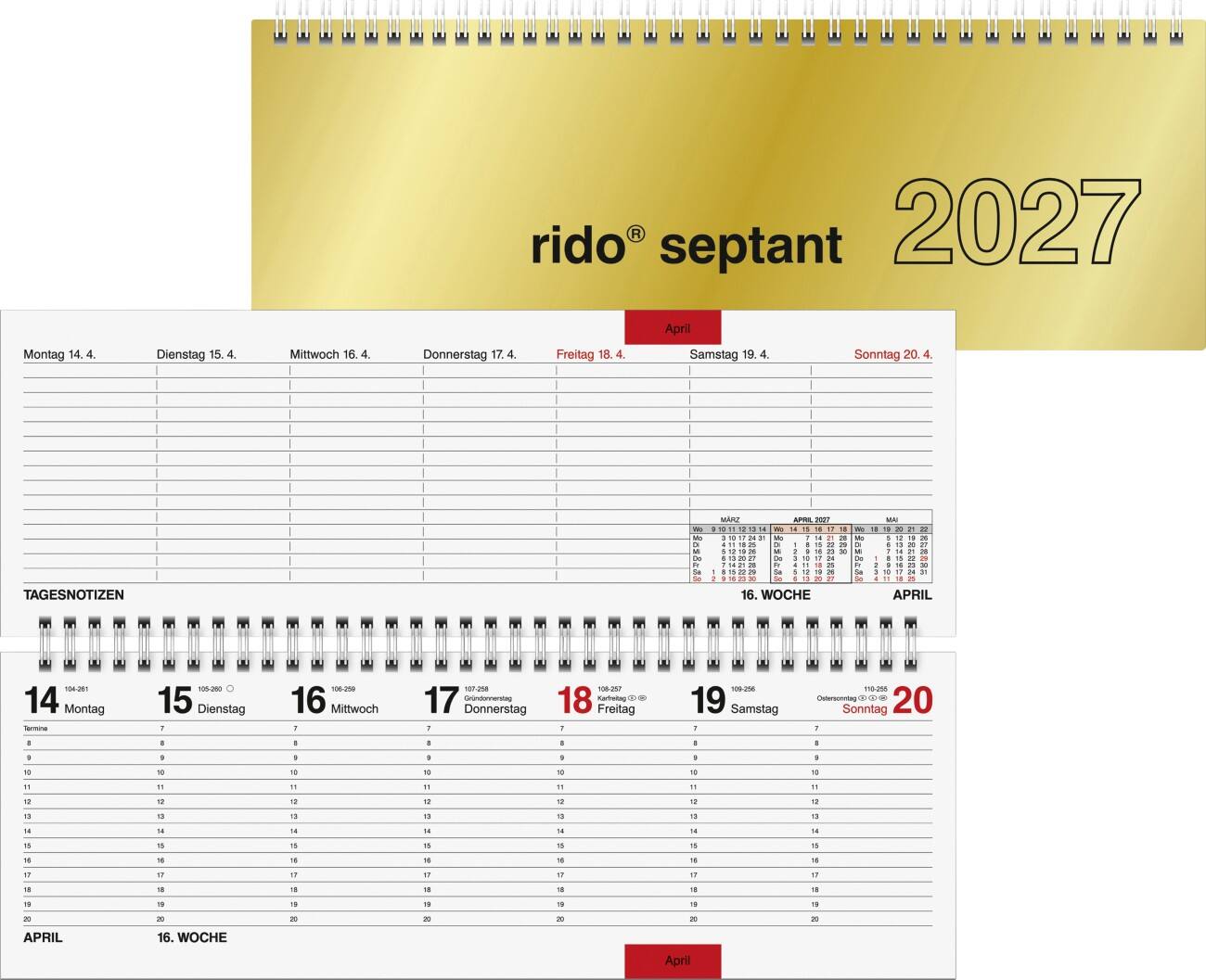 Calendrier de bureau Baier & Schneider Septant Gold 2027 1 Semaine sur 2 pages Allemand 30,7 (L) x 10,5 (H) cm Doré