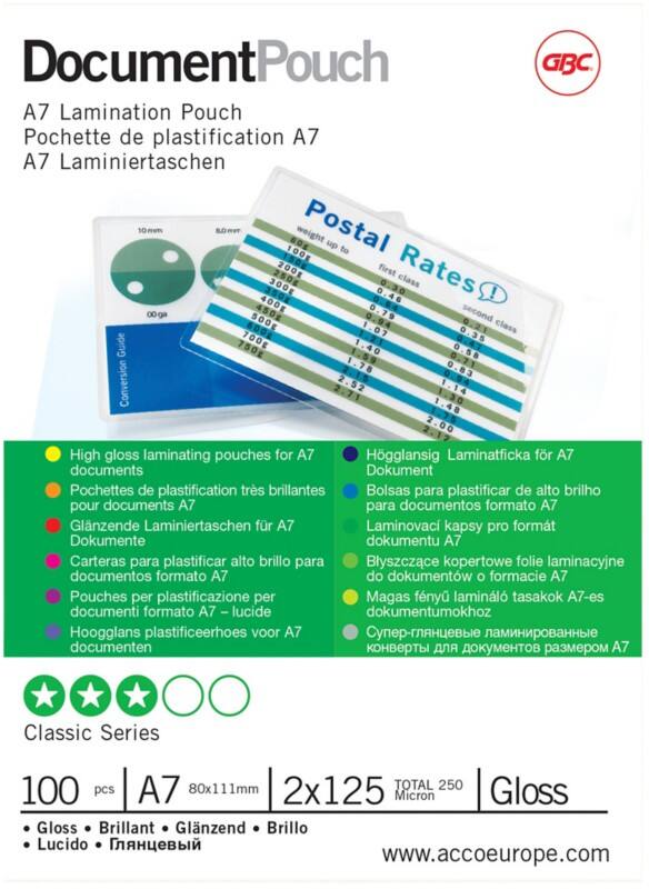 Pochette de plastification Document GBC A7 Brillant 125 microns (2 x 125) Transparent 100 Unités