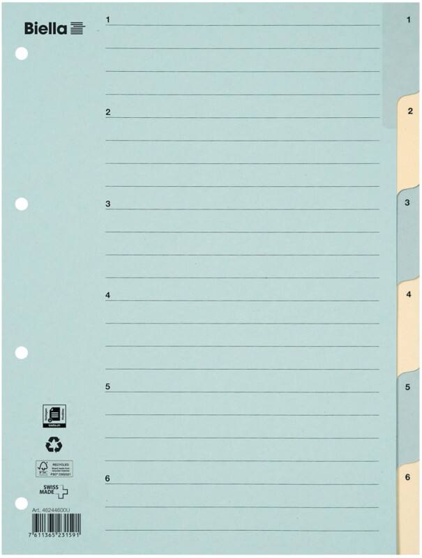 Intercalaires numériques 1 à 6 Biella A4 Bleu, Jaune 6 intercalaires Carton 4 Perforations