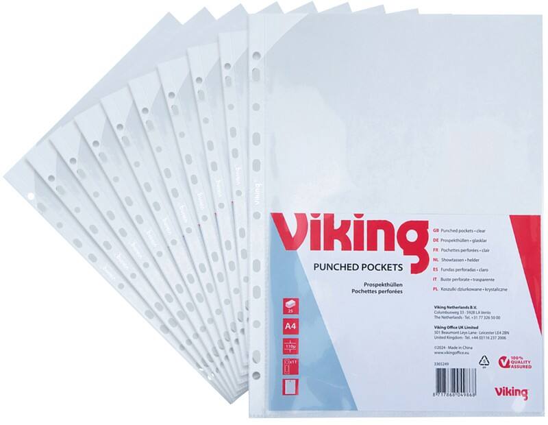 Viking Premium Prospekthüllen A4 Glasklar Transparent 110 Mikron PP (Polypropylen) Öffnung oben 11 Löcher 25 Stück