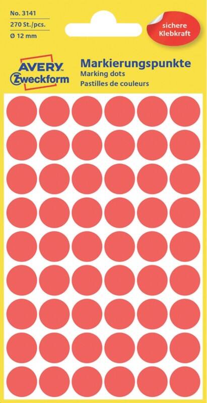 AVERY Zweckform Markierungspunkte 3141 Selbsthaftend Rot 12 x 12 mm 5 Blatt à 54 Etiketten