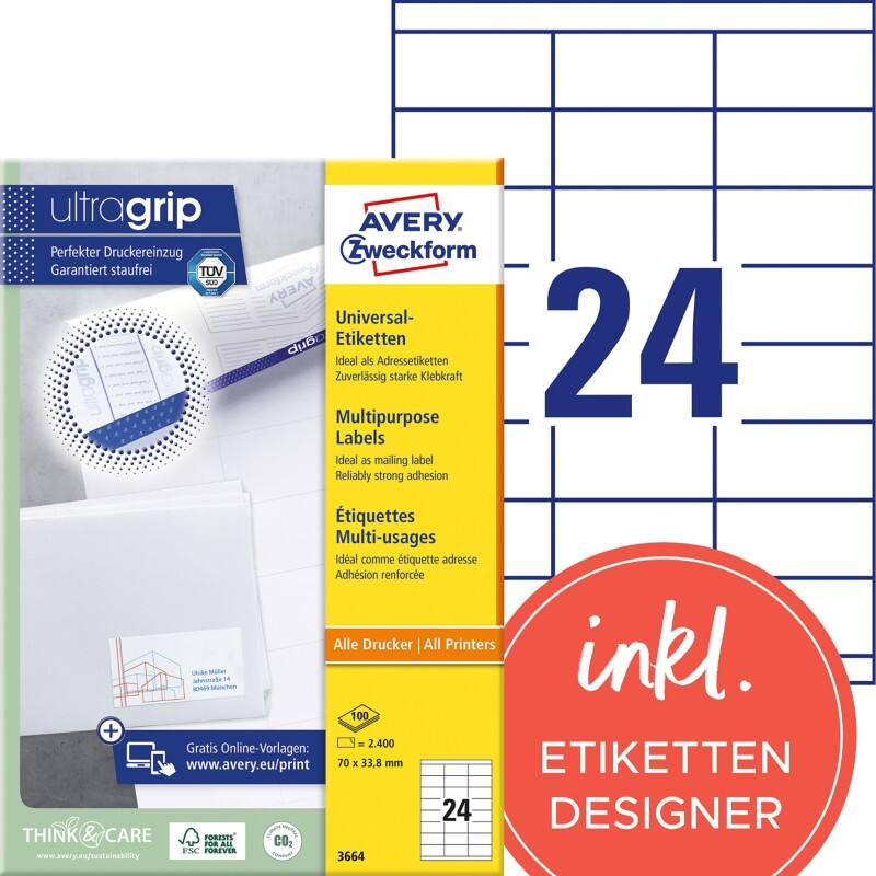 AVERY Zweckform ultragrip Mehrzwecketiketten 3664 Selbsthaftend A4 Weiss 70 x 33,8 mm 100 Blatt à 24 Etiketten