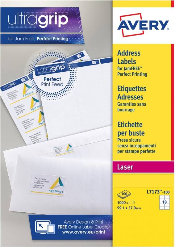 AVERY Zweckform Abziehhilfe QuickPEEL,ultragrip Adressetiketten L7173-100 haftend A4 Weiss 99,1 x 57 mm 100 Blatt à 10 Etiketten