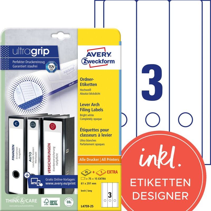 AVERY Zweckform ultragrip Ordneretiketten L4759-25 Selbsthaftend A4 Weiss 6.1 x 29.7 cm 30 Blatt à 3 Etiketten