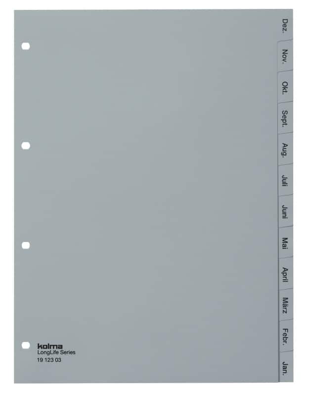 Kolma Superstrong Dez - Jan Alphabetische Register A4 hoch Grau 12-teilig PVC (Polyvinylchlorid) 4 Löcher 19.123.03