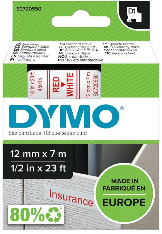 DYMO D1 Beschriftungsband Authentisch 45015 S0720550 Selbsthaftend Rot auf Weiss 12 mm x 7 m