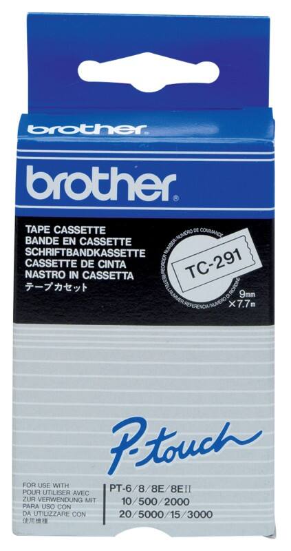 Brother TC-291 Authentic Schriftband Selbstklebend Schwarzer Druck auf Weiss 9 mm x 7.7m