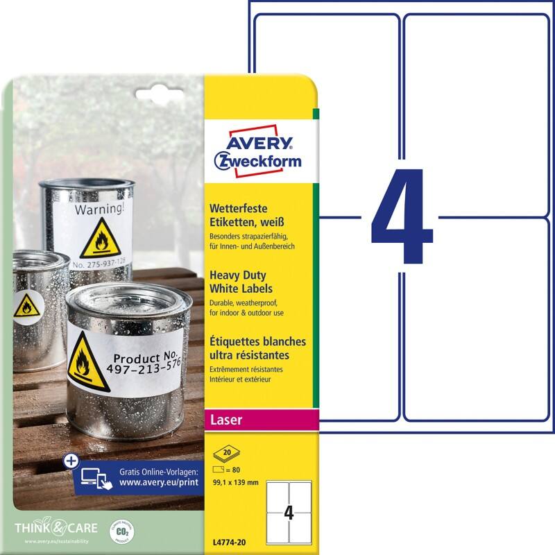 Étiquettes résistantes aux intempéries AVERY Zweckform Heavy Duty A4 Blanc 99.1 x 139 mm 20 Feuilles de 4 Étiquettes
