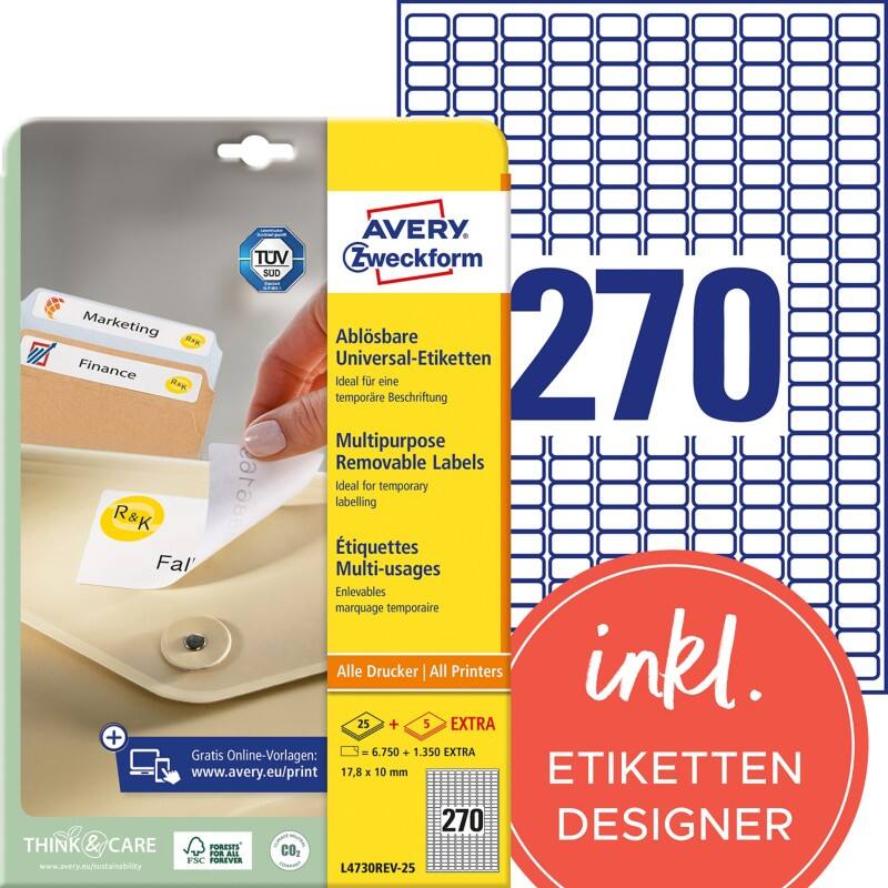 AVERY Zweckform L4730REV-25 Ablösbare Universaletiketten A4 Weiss 17,8 ...