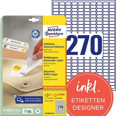 Mini étiquettes Avery L4730REV-25 Multi-usages Repositionnables 17,8 x 10 mm Blanc 25 Feuilles de 270 Étiquettes