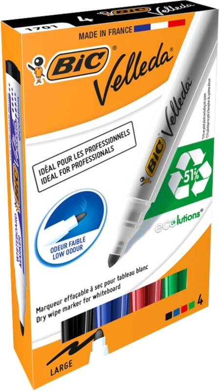 BIC 1701 Non-permanent Whiteboard-Marker Farbig sortiert Breit Rundspitze  -   51% Recycelt 4 Stück
