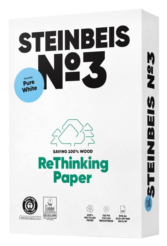 Steinbeis Pure No.3 DIN A4 Druckerpapier 100% Recycelt 80 g/m² Glatt Weiss 500 Blatt