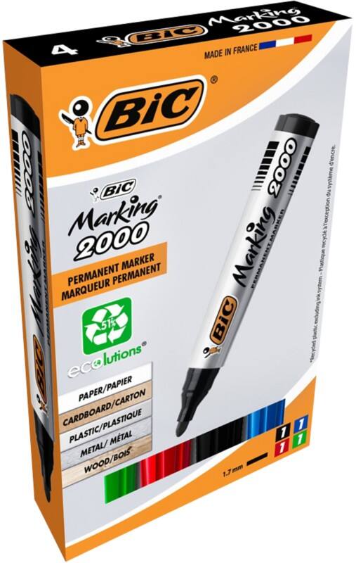 BIC Marking 2000 Rundspitze Permanentmarker Recycelt 51% Mittel Rundspitze 1,7 mm Farbig assortiert 4 Stück