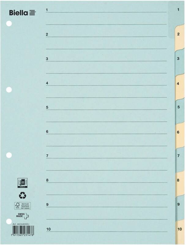 Intercalaires numériques 1 à 10 Biella A4 Bleu, Jaune 10 intercalaires Carton 4 Perforations