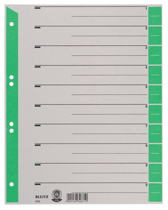 Leitz 1 bis 10 Trennblätter DIN A4 Überbreite Grün 10-teilig Pappkarton 6 Löcher 1652 100 Stück