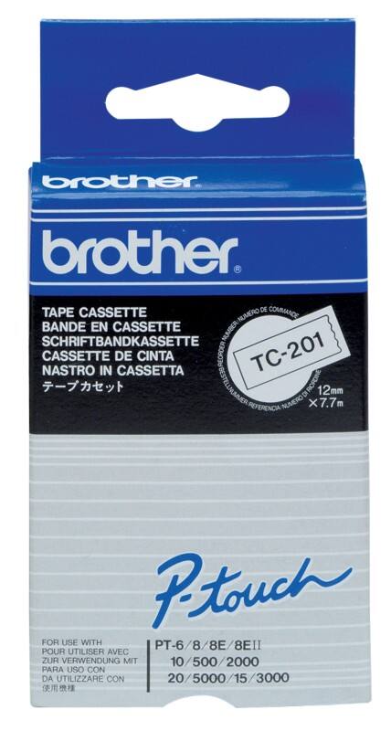 Brother TC-201 Authentic Schriftband Selbstklebend Schwarzer Druck auf Weiss 12 mm x 7.7m