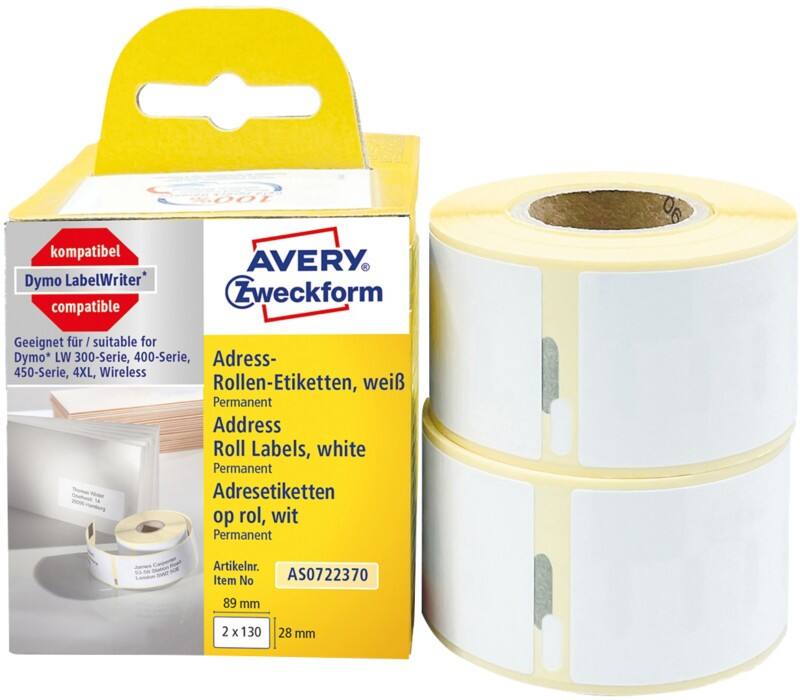 AVERY Zweckform Adressetiketten Kompatibel AS0722370 Selbsthaftend Weiss 28 x 89 mm 2 Rolle à 130 Etiketten