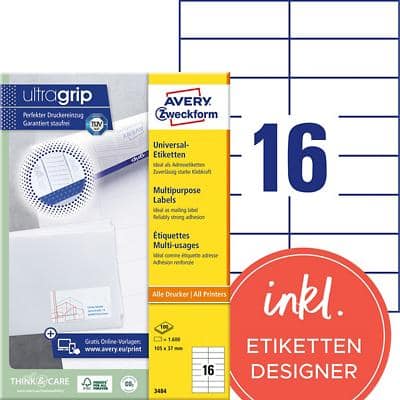 Étiquette universelle Ultragrip AVERY Zweckform 3484 Oui Spécial Blanc 105 x 37 mm 100 Feuilles de 16 Étiquettes