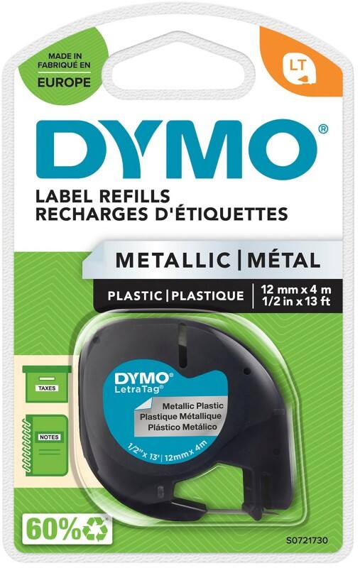 Ruban d’étiquettes Dymo D1 S0721730 / 91208 LetraTag d’origine Autocollant Argenté 12 mm x 4 m