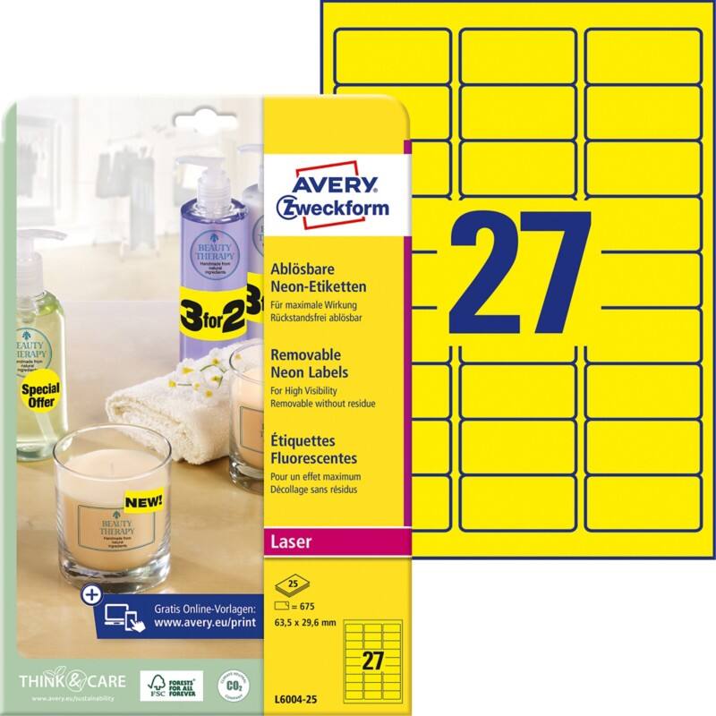 Étiquettes fluo AVERY Zweckform L6004-25 Jaune fluo 63,5 x 29,6 mm Rectangulaire 25 feuilles de 27 étiquette