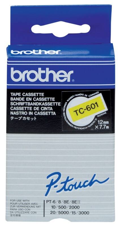 Brother TC-601 Authentic Schriftband Selbstklebend Schwarzer Druck auf Gelb 12 mm x 7.7m