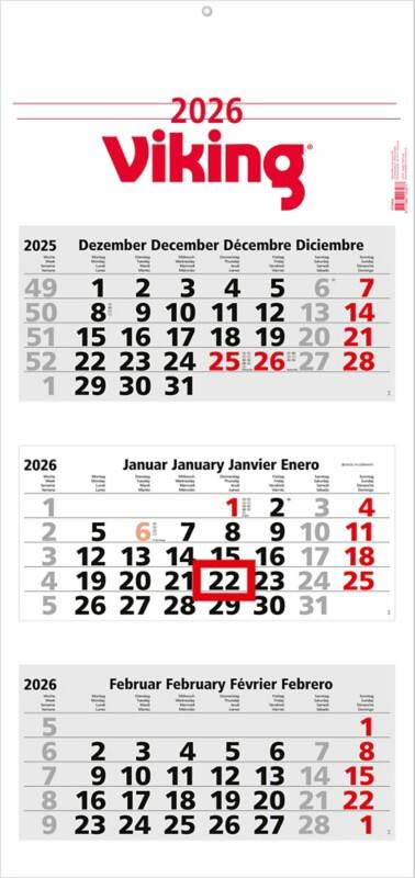 Calendrier Viking 2026 3 Mois par page Allemand, Anglais, Français, Espagnol 33 (L) x 70 (H) cm Blanc