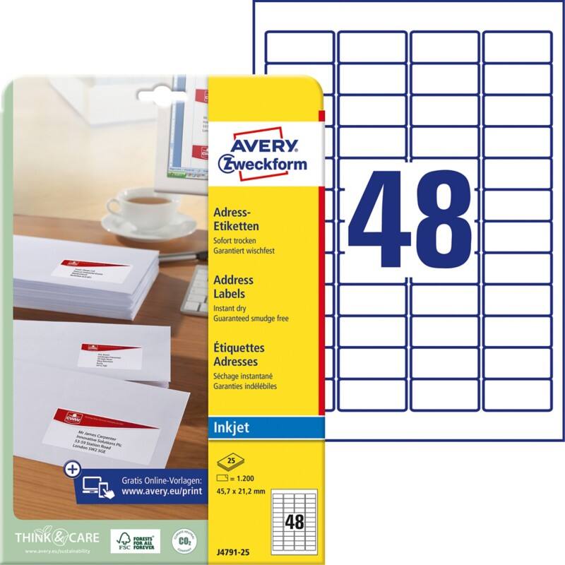 AVERY Zweckform Laser Adressetiketten J4791-25 Selbsthaftend A4 Weiss 45,7 x 21,2 mm 25 Blatt à 48 Etiketten