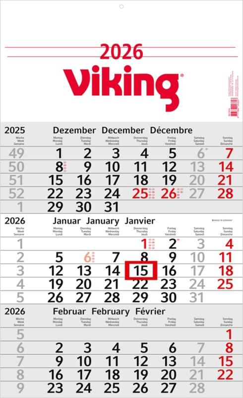 Calendrier Viking 2026 3 Mois par page Allemand, Anglais, Français 30 (L) x 49 (H) cm Gris clair