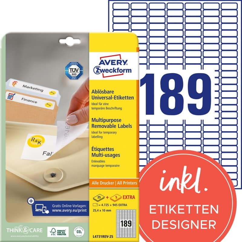 AVERY Zweckform L4731REV-25 Ablösbare Universaletiketten A4 Weiss 25,4 x 10 mm 30 Blatt à 189 Etiketten
