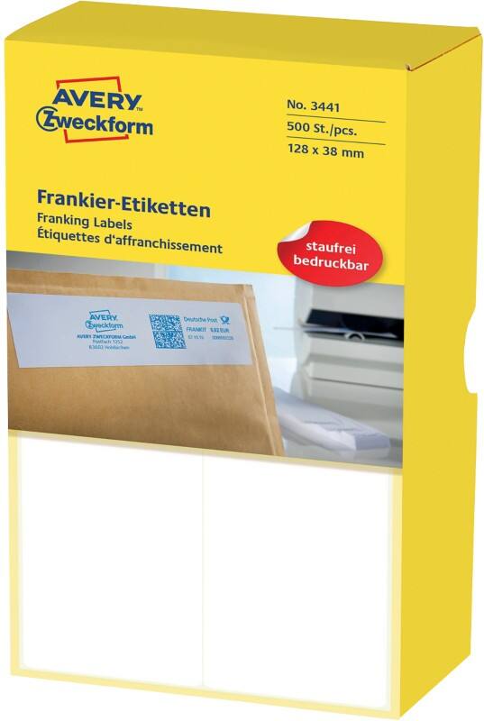 Étiquettes d'affranchissement Franking AVERY Zweckform 3441 Blanc 128 x 38 mm 250 Feuilles de 2 Étiquettes