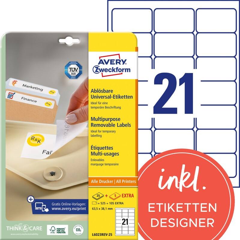 Étiquettes repositionnables AVERY Zweckform L6023REV-25 Stick & Lift Spécial Blanc 63,5 x 38,1 mm 30 Feuilles de 21 Étiquettes
