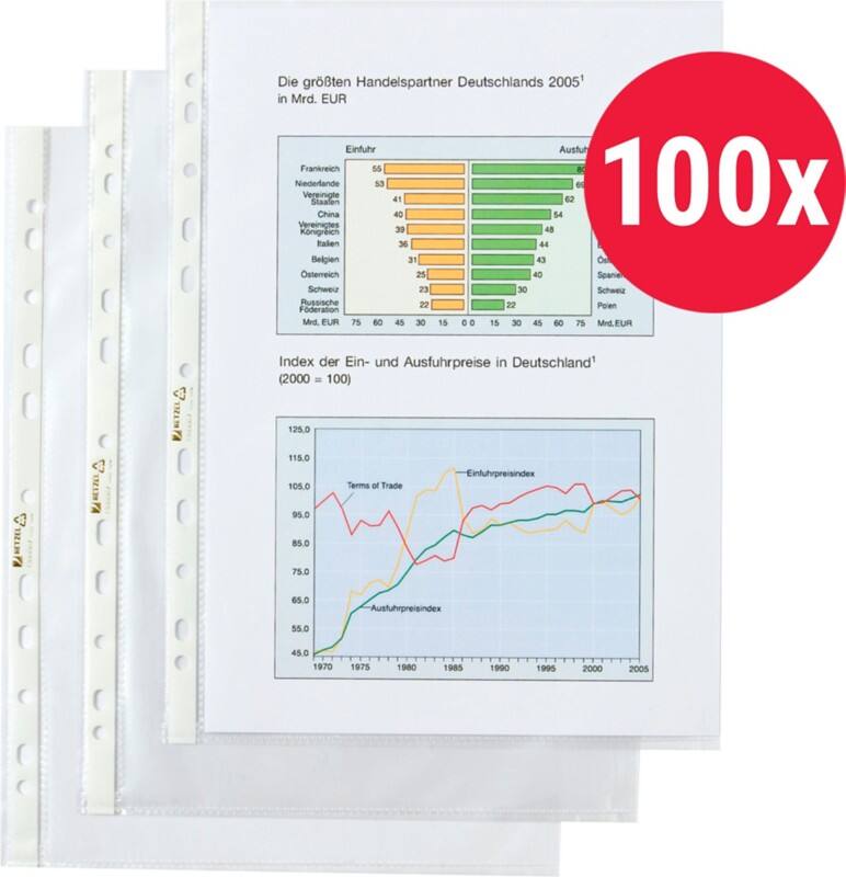 Hetzel Prospekthüllen A4 Genarbt Transparent 35 Mikron PP (Polypropylen) Öffnung oben 11 Löcher 224584 100 Stück