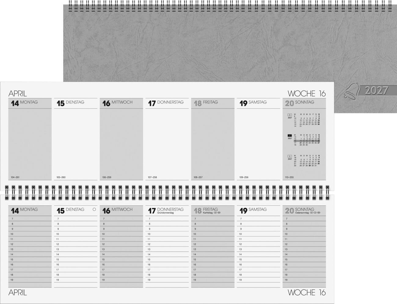 Calendrier de bureau Glocken 2027 1 Semaine sur 2 pages Allemand 42,5 (L) x 13,7 (H) cm Gris