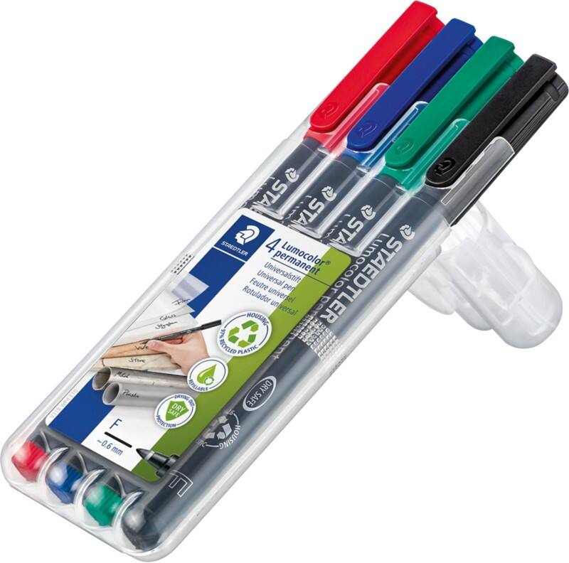 Marqueur OHP/DVD STAEDTLER Lumocolor 318 97% Recyclé Fin Ogive 0,6 mm Assortiment Rechargeable 4 Unités