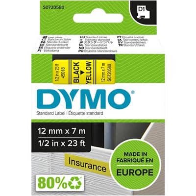 Ruban d’étiquettes Dymo D1 S0720580 / 45018 d’origine Autocollantes Noir sur jaune 12 mm x 7 m