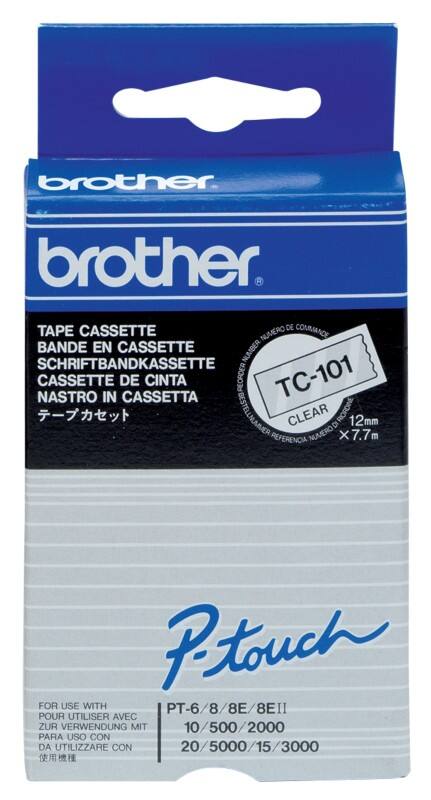 Brother TC-101 Authentic Schriftband Selbstklebend Schwarzer Druck auf Transparent 12 mm x 7.7m