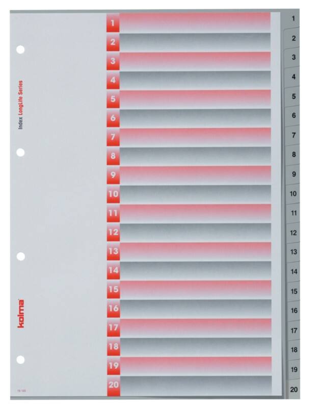 Intercalaires Kolma Longlife A4 portrait 20 intercalaires Rouge, gris