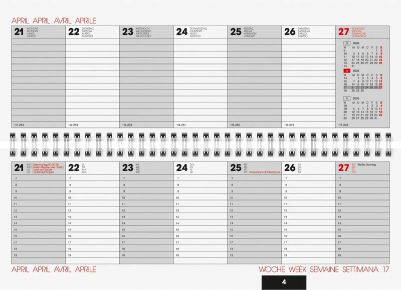 Calendrier de bureau Glocken 2026 1 Semaine sur 2 pages Allemand, Anglais, Français, Italien 29,7 (L) x 10,5 (H) cm Gris