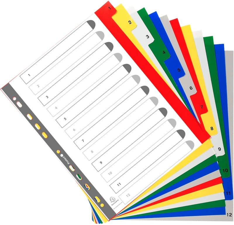Intercalaires numériques 1 à 12 Exacompta A4+ Assortiment 12 intercalaires PP (Polypropylène) 11 Perforations 2512E
