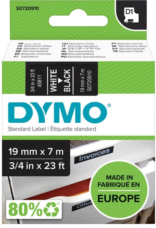 Dymo D1 S0720910 / 45811 Authentic Schriftband Selbstklebend Weisser Druck auf Schwarz 19 mm x 7m