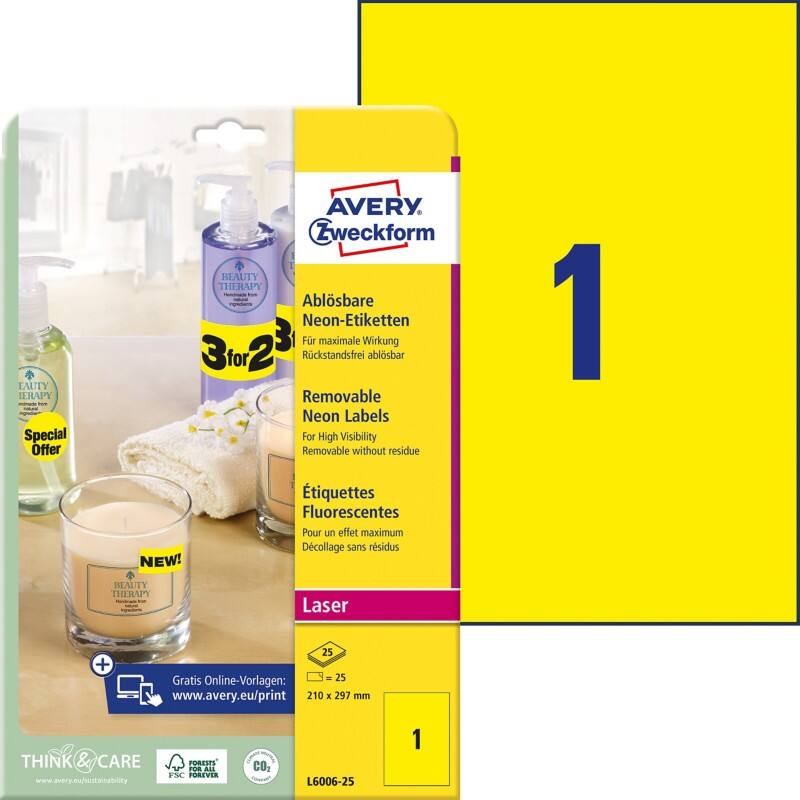Étiquettes fluo AVERY Zweckform L6006-25 Jaune fluo 210 x 297 mm Rectangulaire 25 feuilles de 1 étiquette